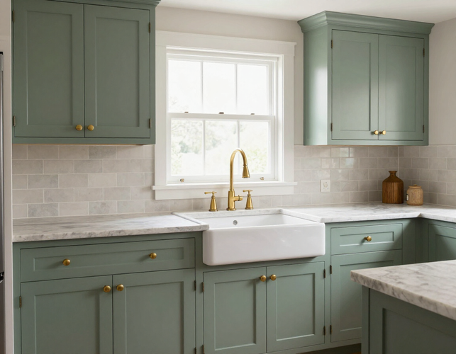 Shaker kitchen with sage green doors and brass hardware