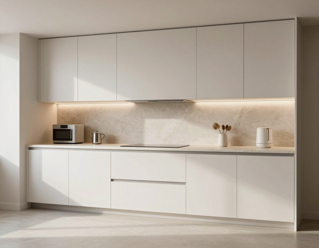Handleless kitchen with ultra-flat lacquer fronts
