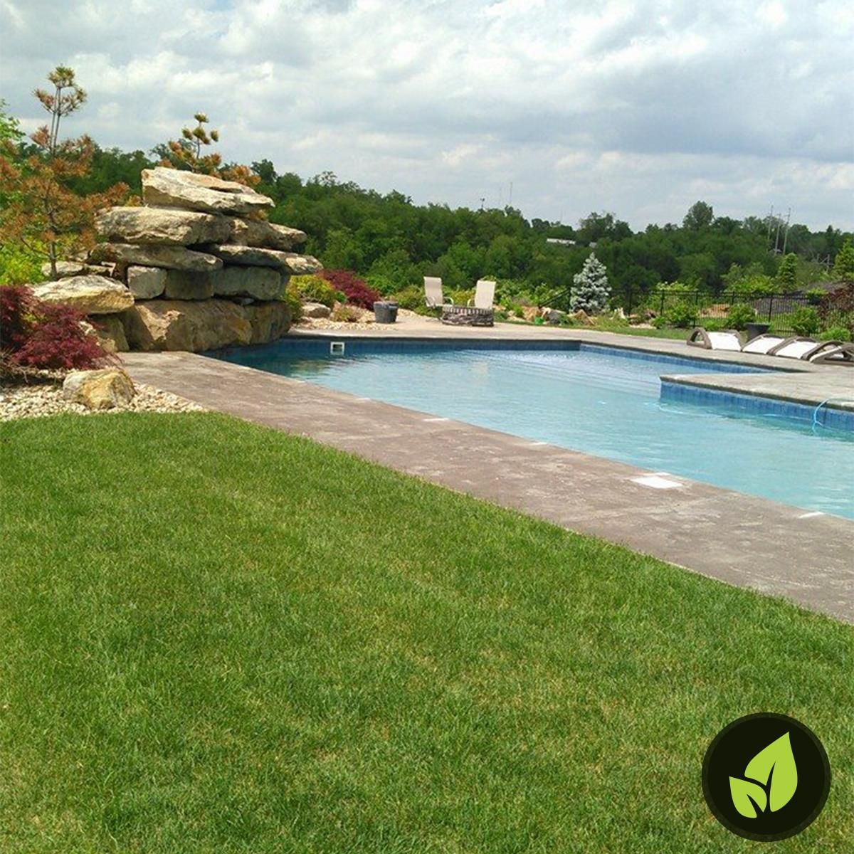 Outdoor pool with blue water, stone waterfall, lounge chairs, and landscaped lawn under a cloudy sky