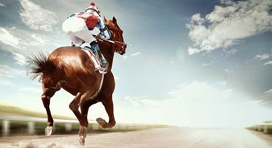 Racehorse with jockey, running on a dirt track, blue sky with clouds.
