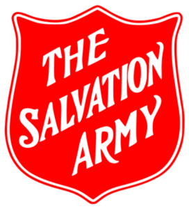 Red shield with white text 