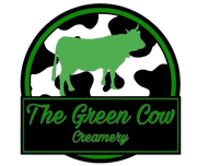 Green cow logo with black-and-white cow spots and the words “The Green Cow Creamery”
