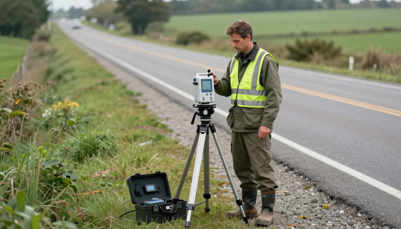Un topógrafo con un dispositivo montado en un trípode junto a una carretera rural, con un portátil en el suelo.