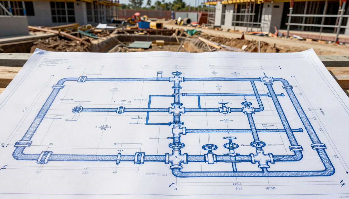 Plano de un sistema de fontanería extendido sobre una mesa de obra