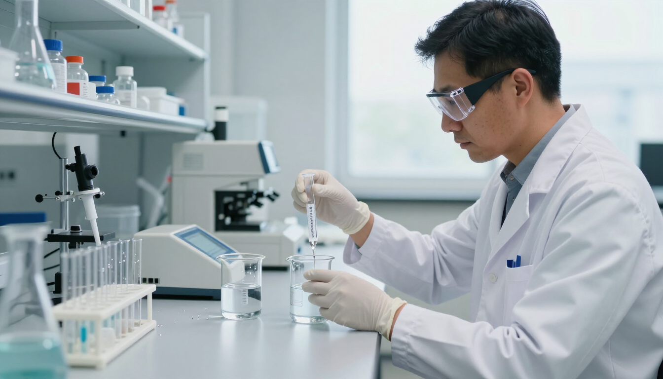 Científico pipeteando líquido en un laboratorio luminoso, con guantes y gafas de seguridad.