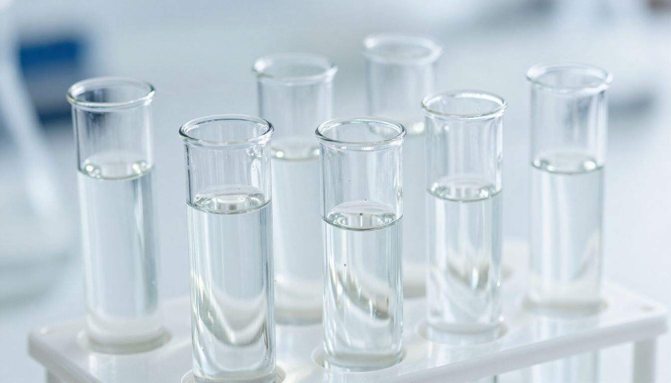 Seis tubos de ensayo transparentes con líquido en una gradilla blanca de laboratorio