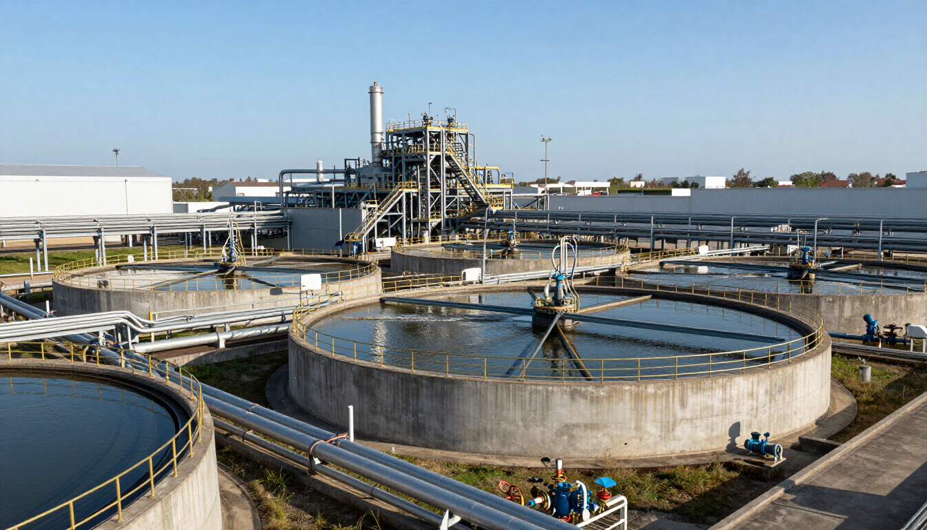 Planta de tratamiento de aguas residuales industriales con grandes tanques circulares y equipos de procesamiento de metales bajo un cielo despejado