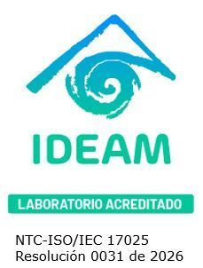 Logotipo de acreditación de IDEAM con un remolino turquesa en forma de casa y el texto «LABORATORIO ACREDITADO», y certificación NTC-ISO/IEC 17025