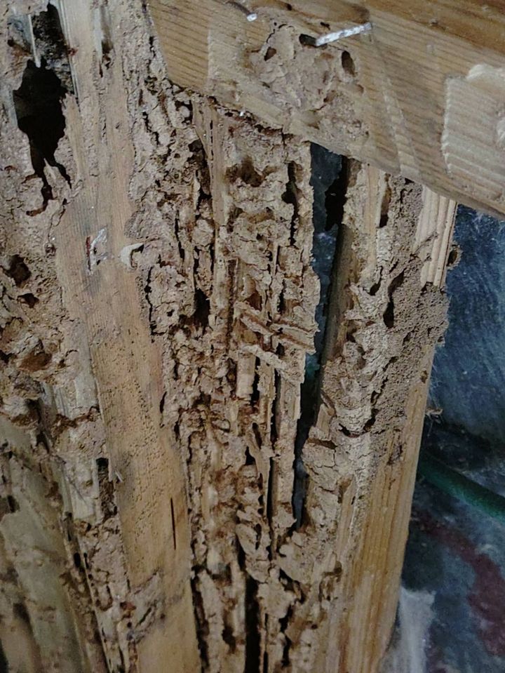 Close-up of a weathered, peeling wooden post with rough, damaged bark-like texture.