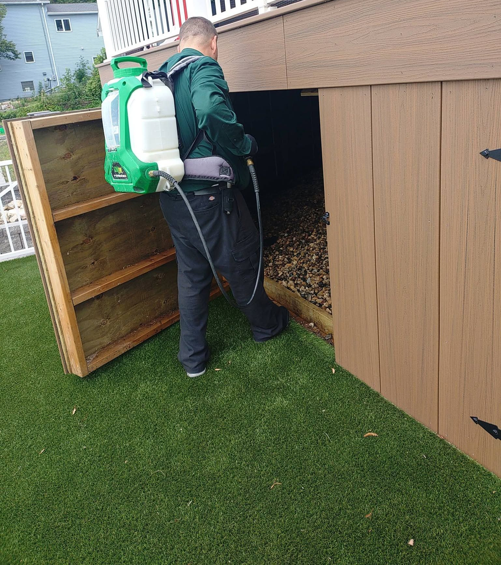 Worker in green jacket spraying around the base of a wooden shed on artificial grass.