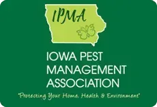 Logo for Iowa Pest Management Association on a green background, with Iowa state shape and clover.