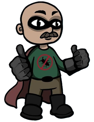 Cartoon masked superhero giving two thumbs up, wearing a green shirt, black gloves, and a red cape.