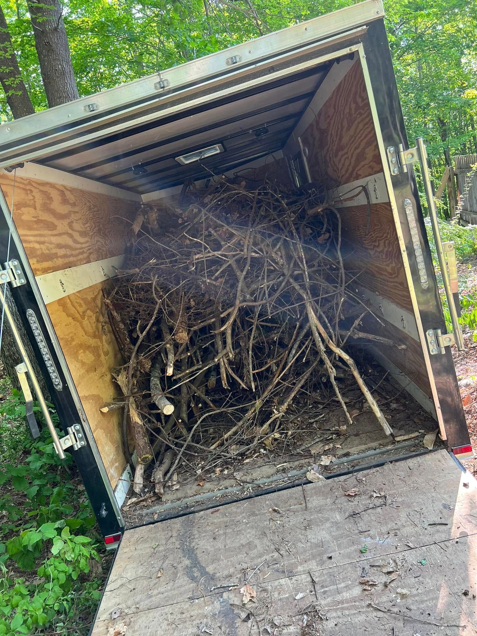 Open trailer full of tangled tree branches in a wooded area