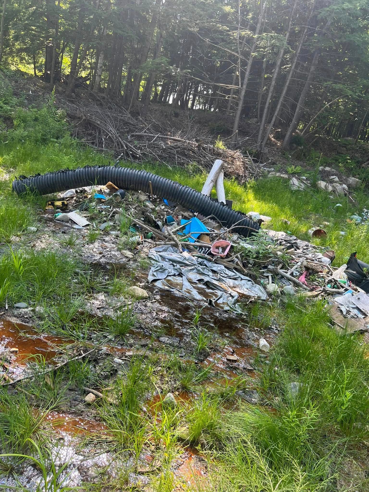 Black corrugated pipe and trash scattered on a grassy roadside near trees