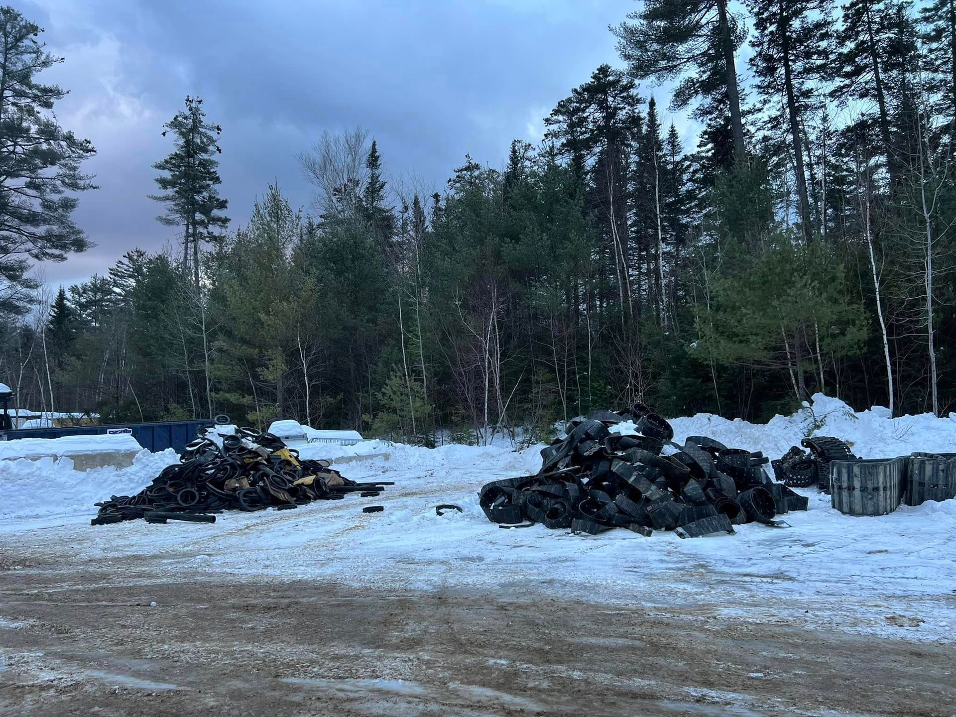 Snow-covered forest clearing with two black wood piles and tall evergreens under a cloudy sky