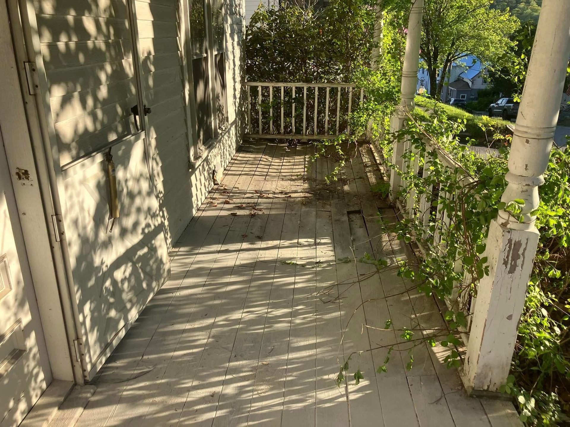 Sunlit wooden porch with a white door, railing, and potted greenery casting dappled shadows.