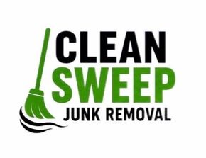 Clean Sweep Junk Removal logo with green broom and black-and-green text