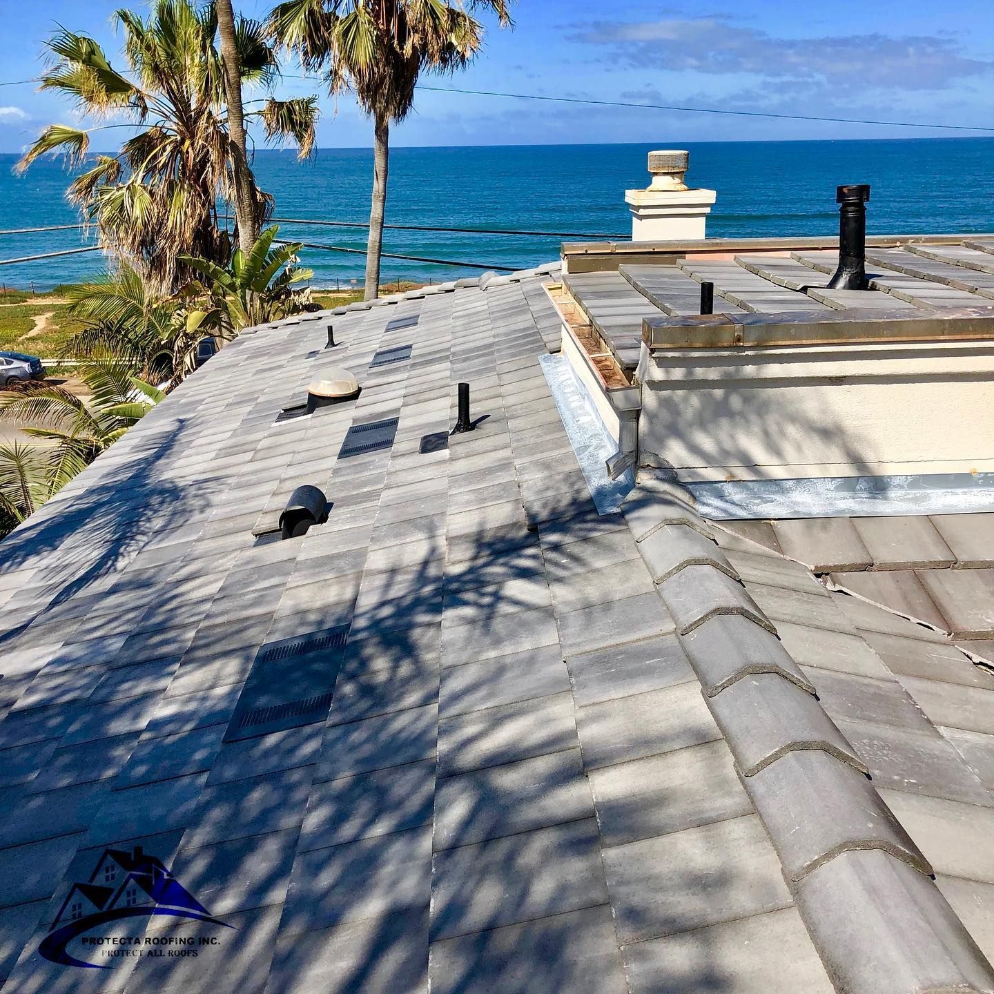 A gray tiled roof with vents, overlooking an ocean with palm trees.