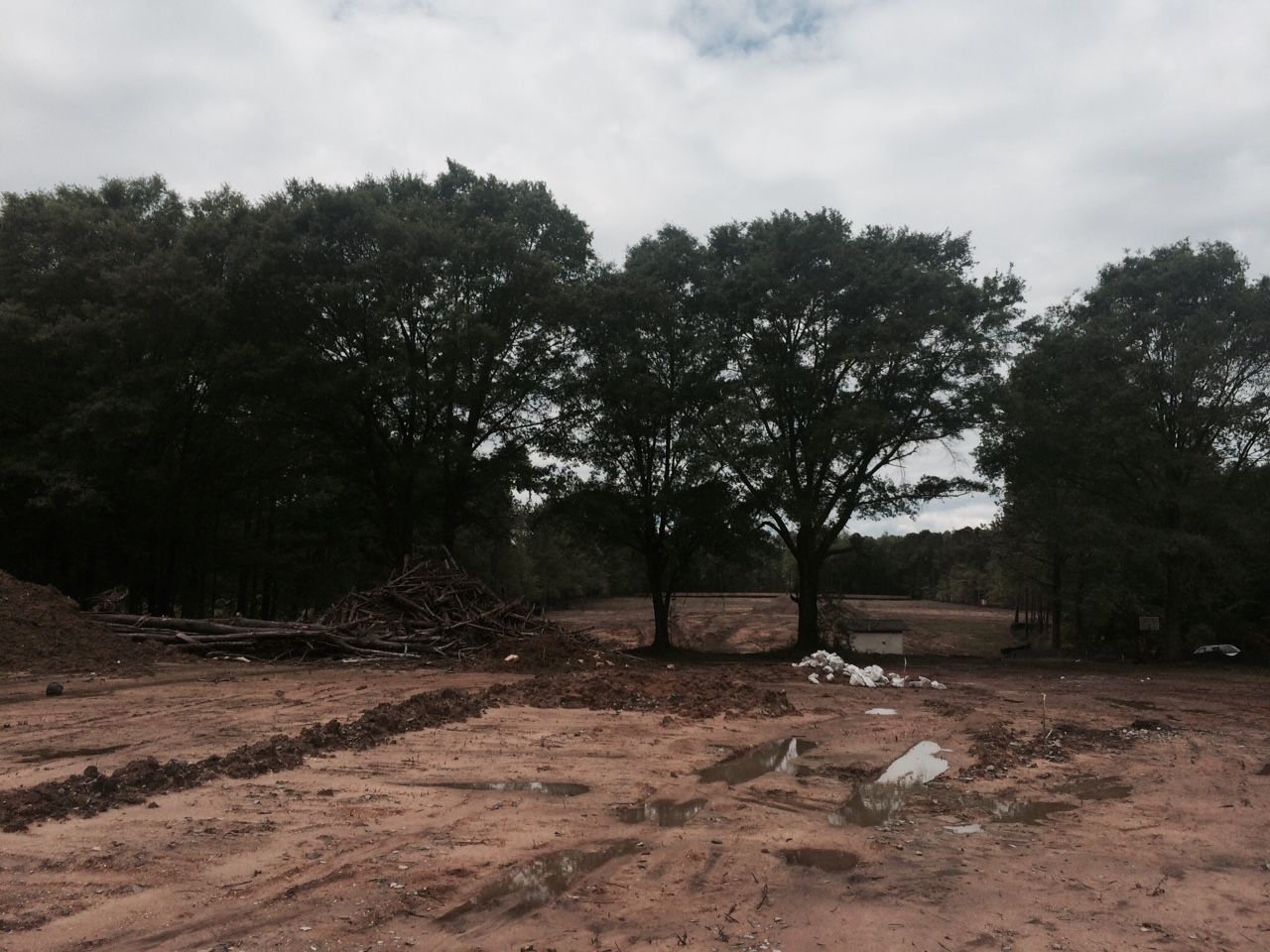 Dirt clearing with trees in the background under a cloudy sky.