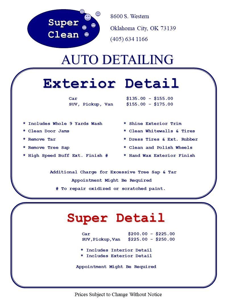Exterior And Super Detail Menu — Oklahoma City, OK — Super Clean Full Service Car Wash And Detail Shop Exterior And Super Detail Menu — Oklahoma City, OK — Super Clean Full Service Car Wash And Detail Shop