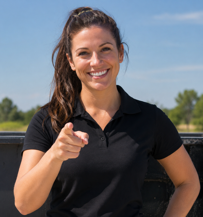 Smiling woman in a black polo points at the camera outdoors under a blue sky