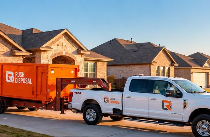 White pickup truck and orange dumpster trailer parked in front of suburban homes at sunset