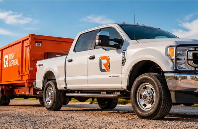 White pickup truck towing an orange trailer on a gravel lot under a blue sky