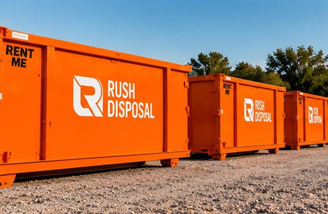 Orange Rush Disposal dumpsters lined up on a gravel lot under a blue sky