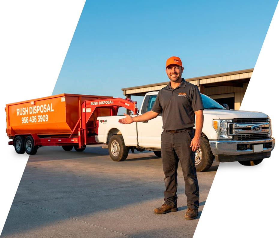 Man in orange cap stands by a white pickup and red dumpster trailer at a job site