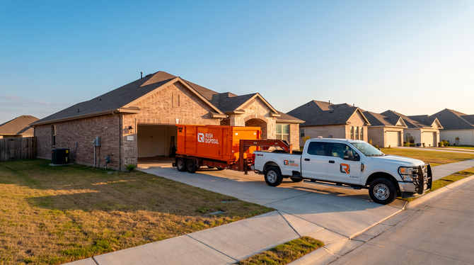 Suburban house with moving dumpster and a work truck parked in the driveway at sunset