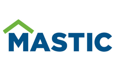 Mastic logo in blue text with a green roofline above the “M”