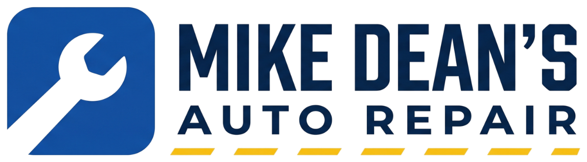 Mike Dean's Auto Repair logo with a blue wrench icon and navy text