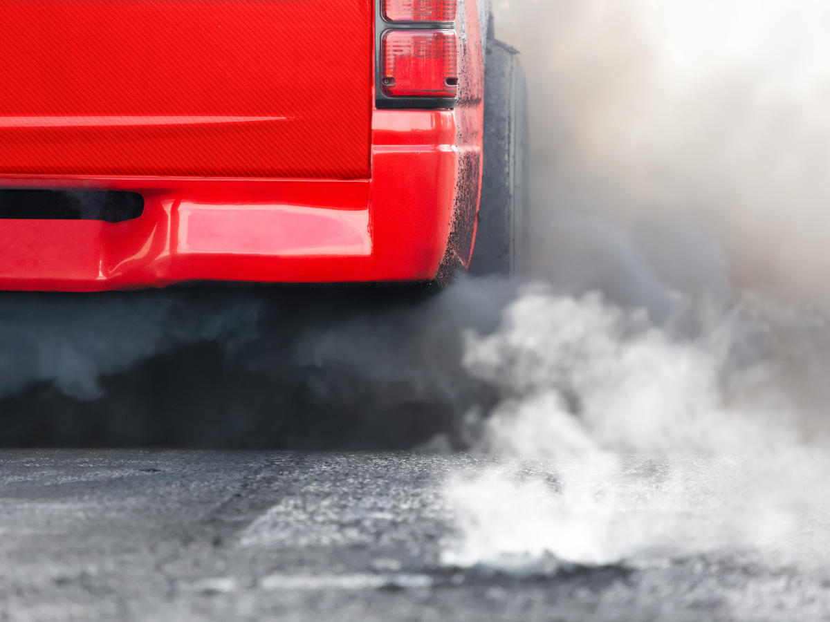 Rear of a red car with thick white exhaust smoke billowing over wet pavement