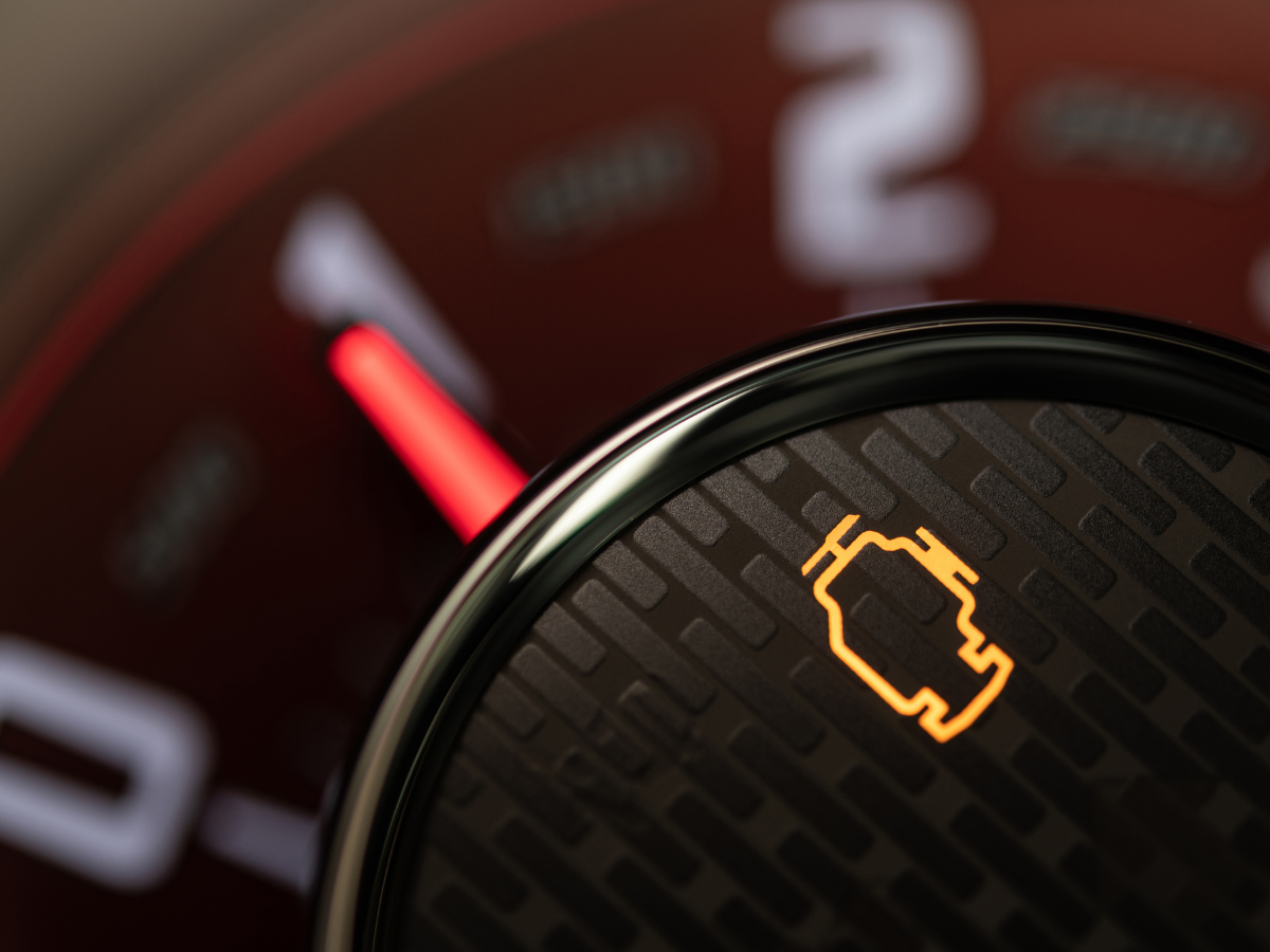 Orange check engine light on a car dashboard with a red tachometer needle and blurred gauge markings