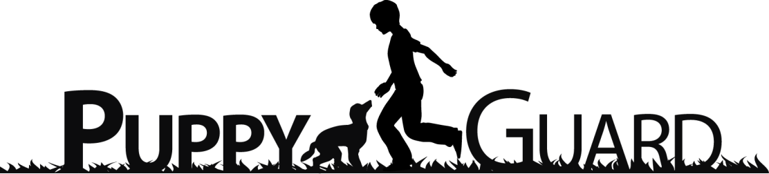 Silhouette of a person running with a puppy, between the words "Puppy Guard" in black, grass-like base.