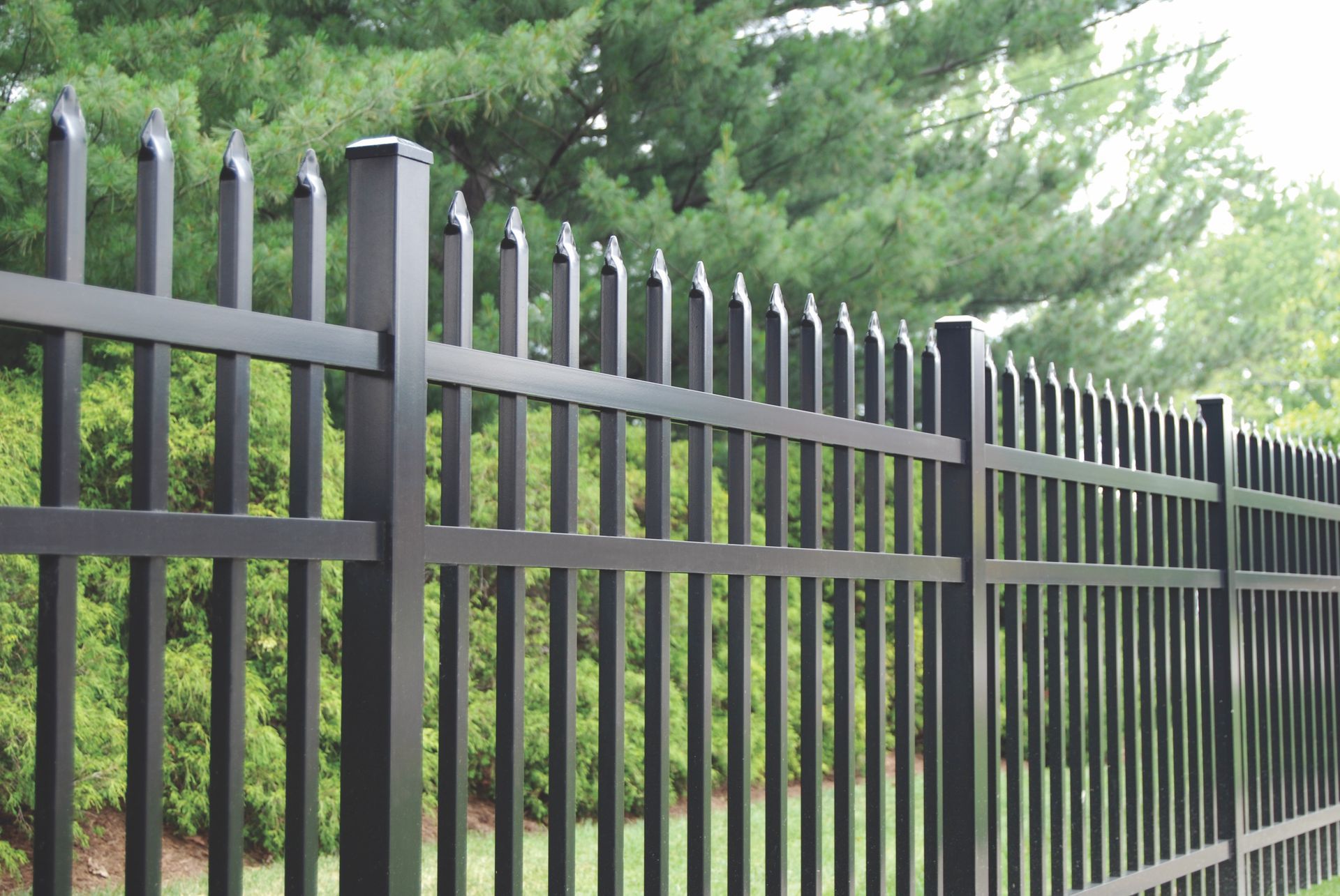 Black metal fence with pointed tops, in front of green trees.