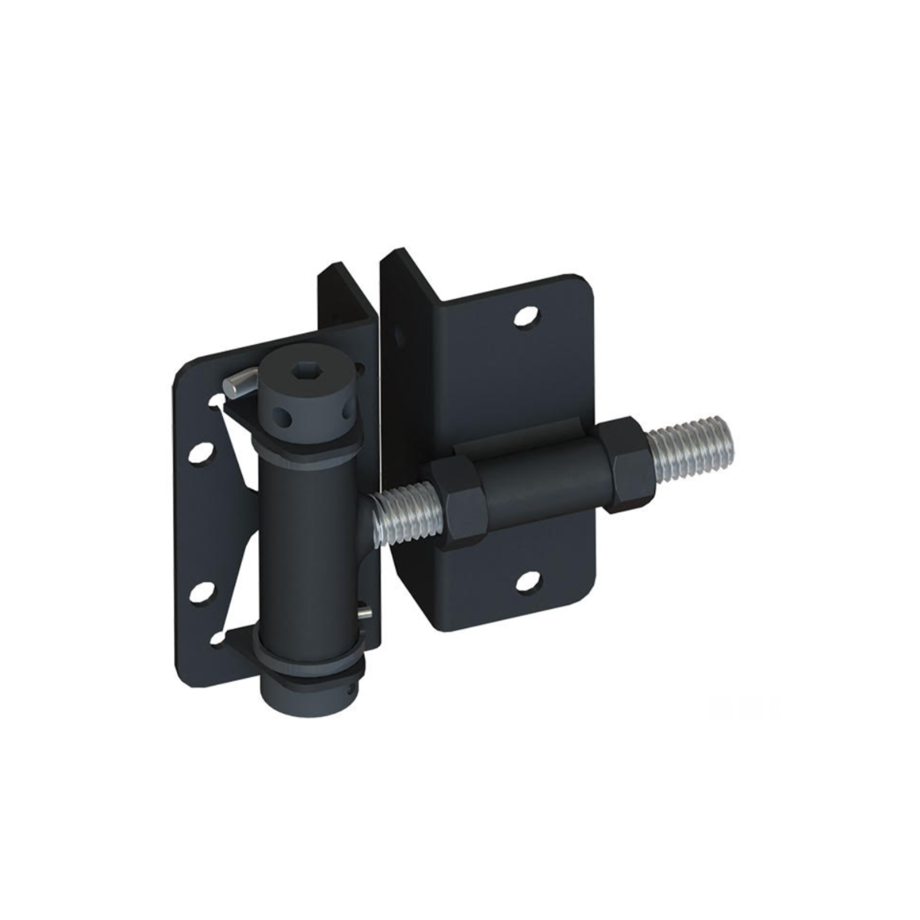 Black, adjustable gate hinge; metal construction, bolts, and nuts.