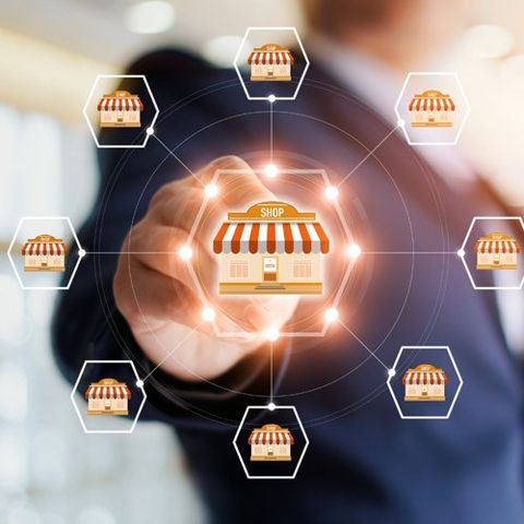 Business Man Showing Store Franchise Business Man Showing Store Franchise