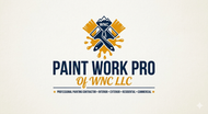 Logo for Paint Work Pro of WNC LLC with crossed paint brushes, a mountain icon, and paint splatter in navy and gold.