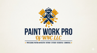 Logo for Paint Work Pro of WNC LLC with crossed paint brushes, a mountain icon, and paint splatter in navy and gold.