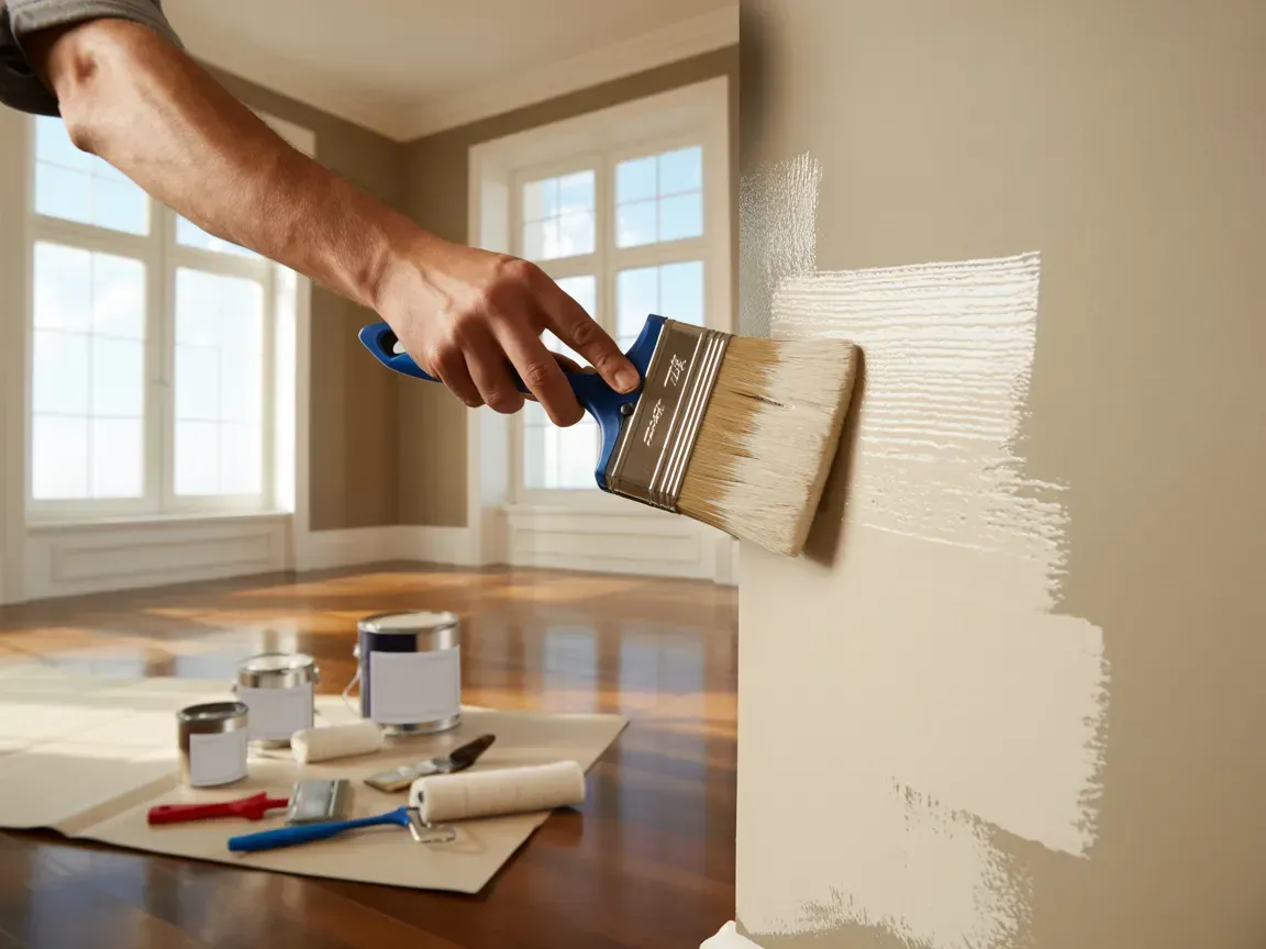 A person paints a wall with a light beige brush in a room with hardwood floors and paint supplies on the floor.