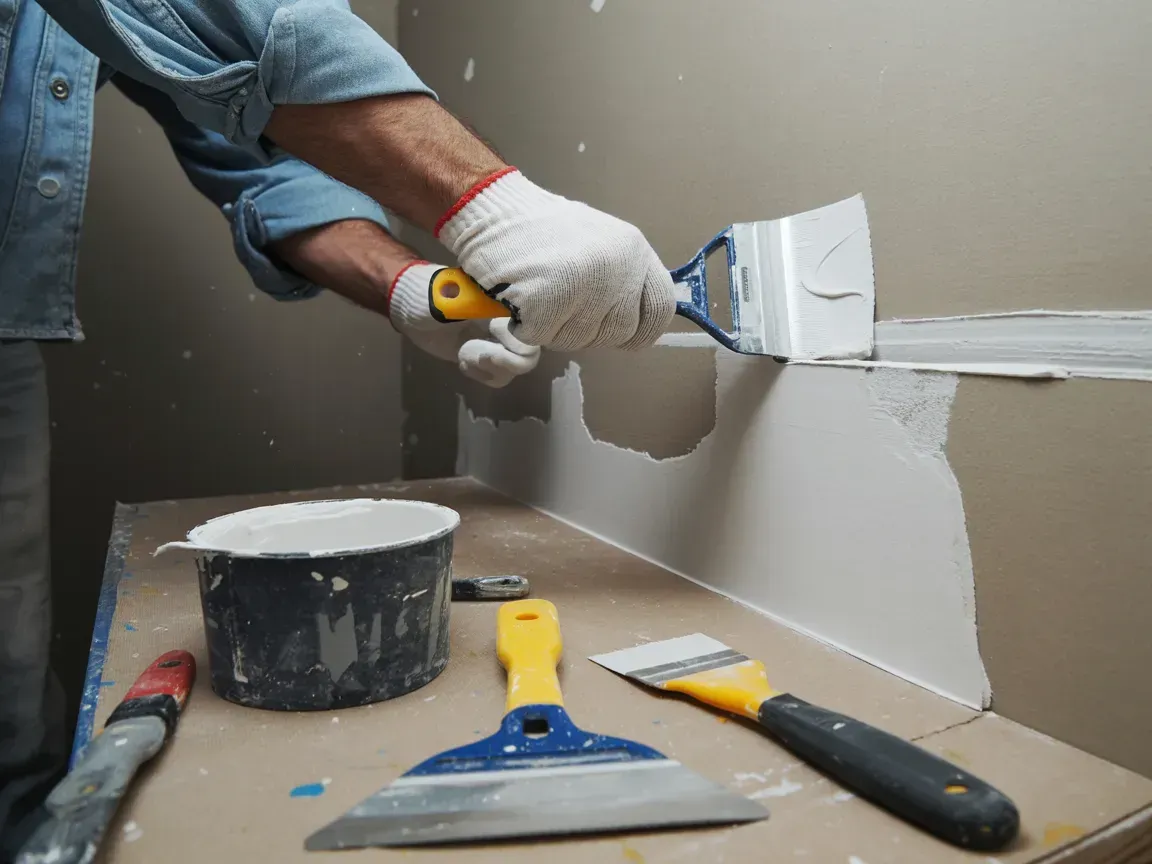 A person in work gloves uses a putty knife to apply white joint compound to a drywall corner, with tools nearby.