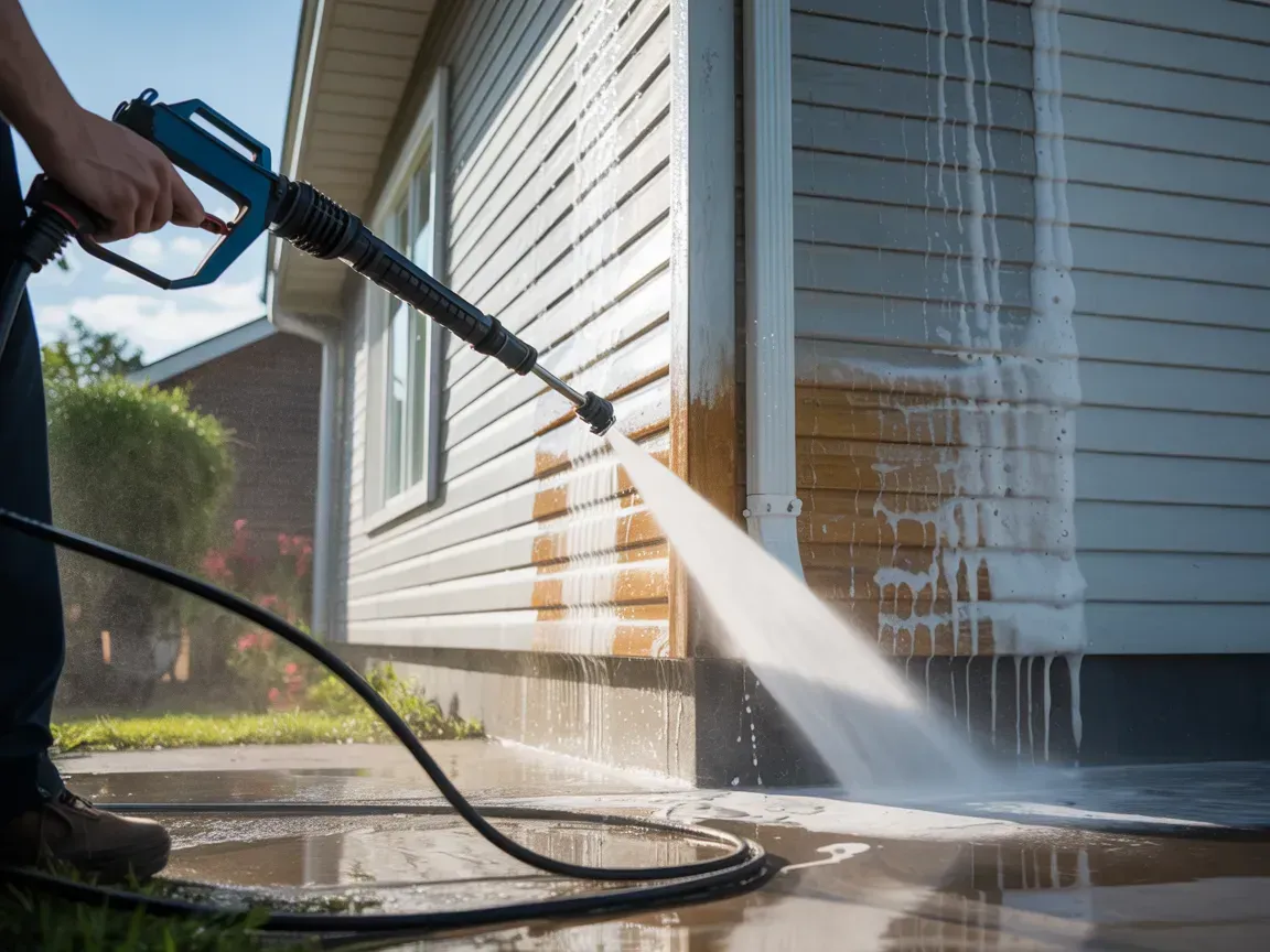 A person uses a pressure washer to clean white vinyl siding on a house.