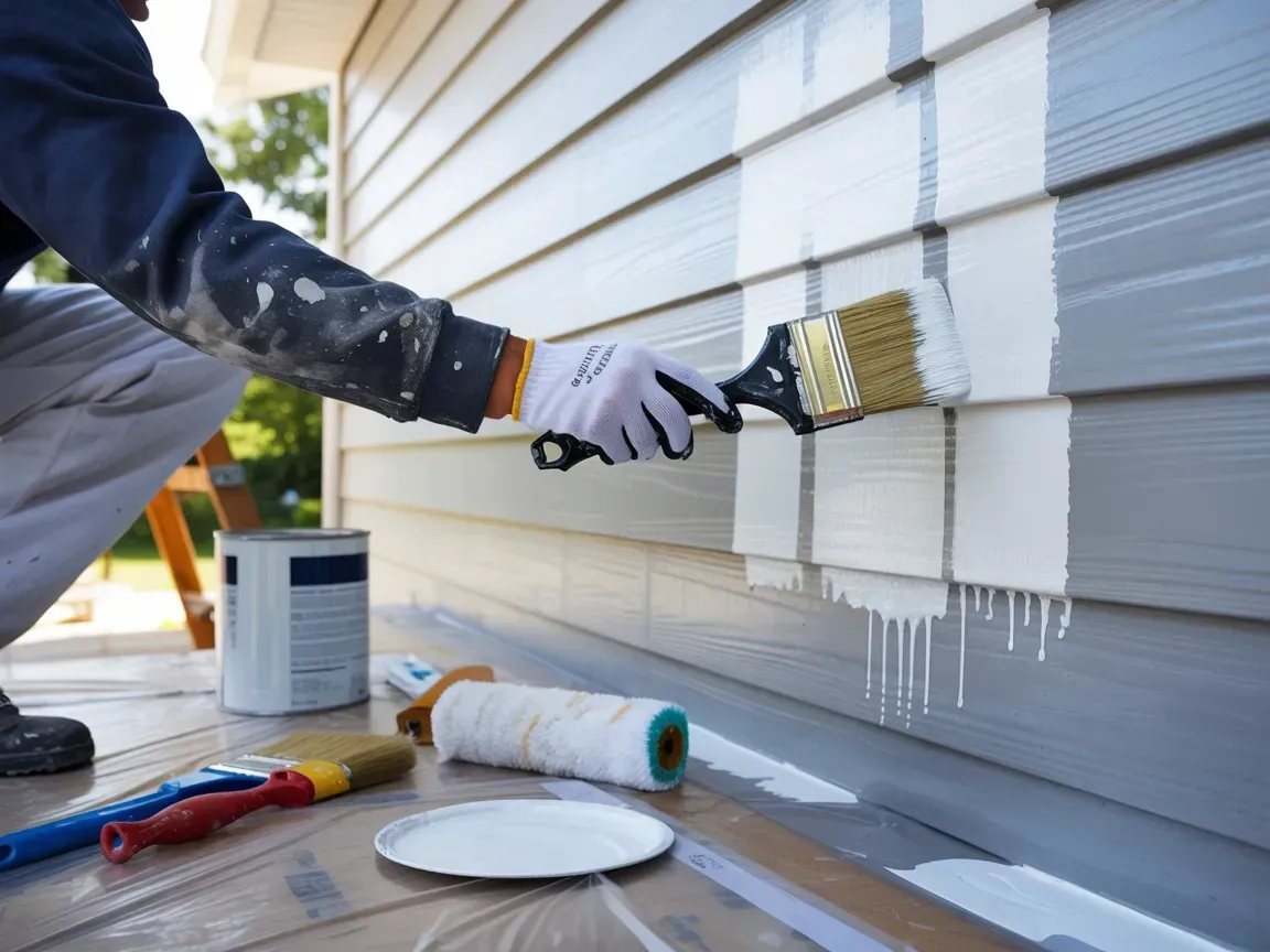 A person in work clothes paints gray siding with a brush, with paint supplies resting on the deck below.