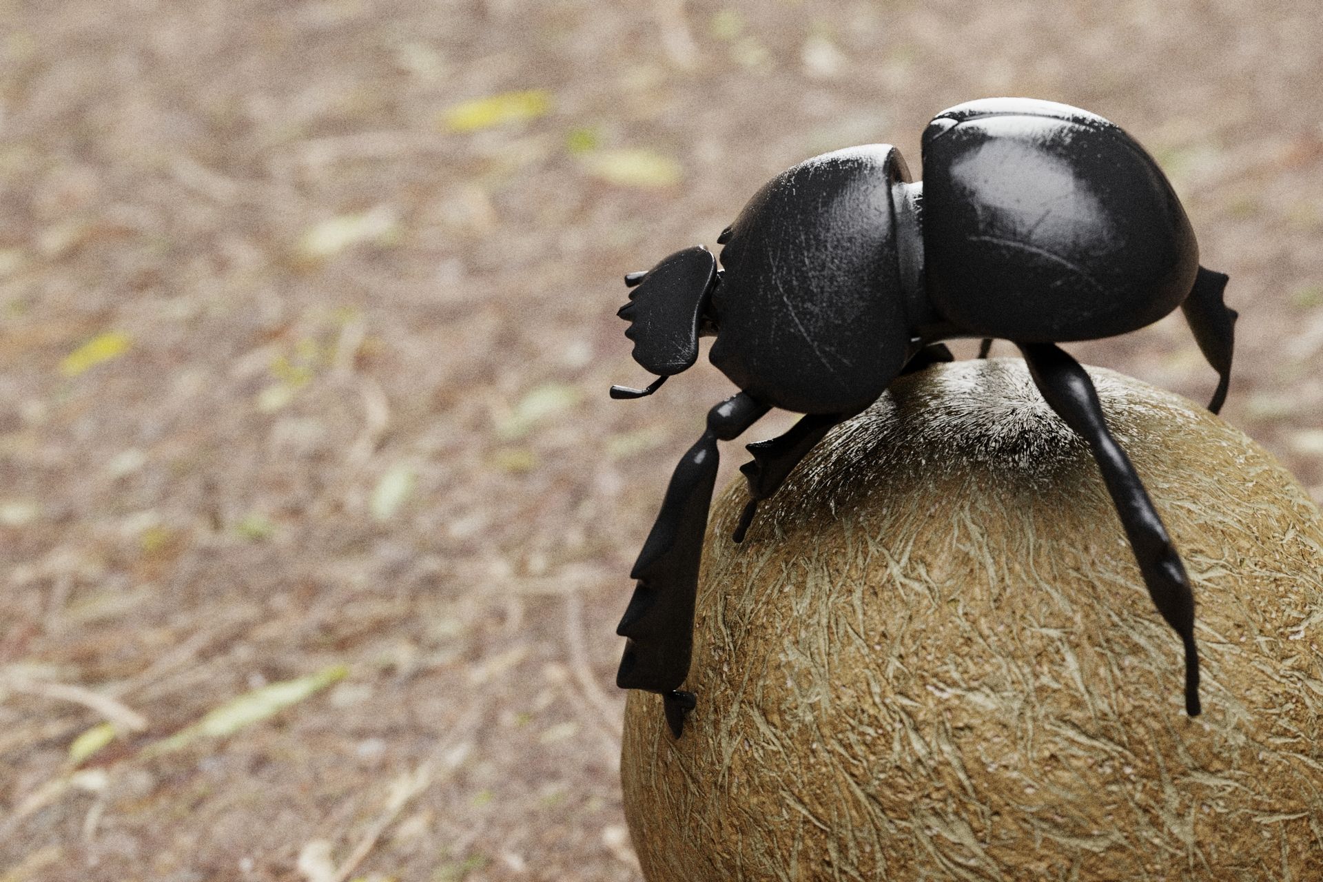 Un scarabée noir est assis sur une boule de foin.