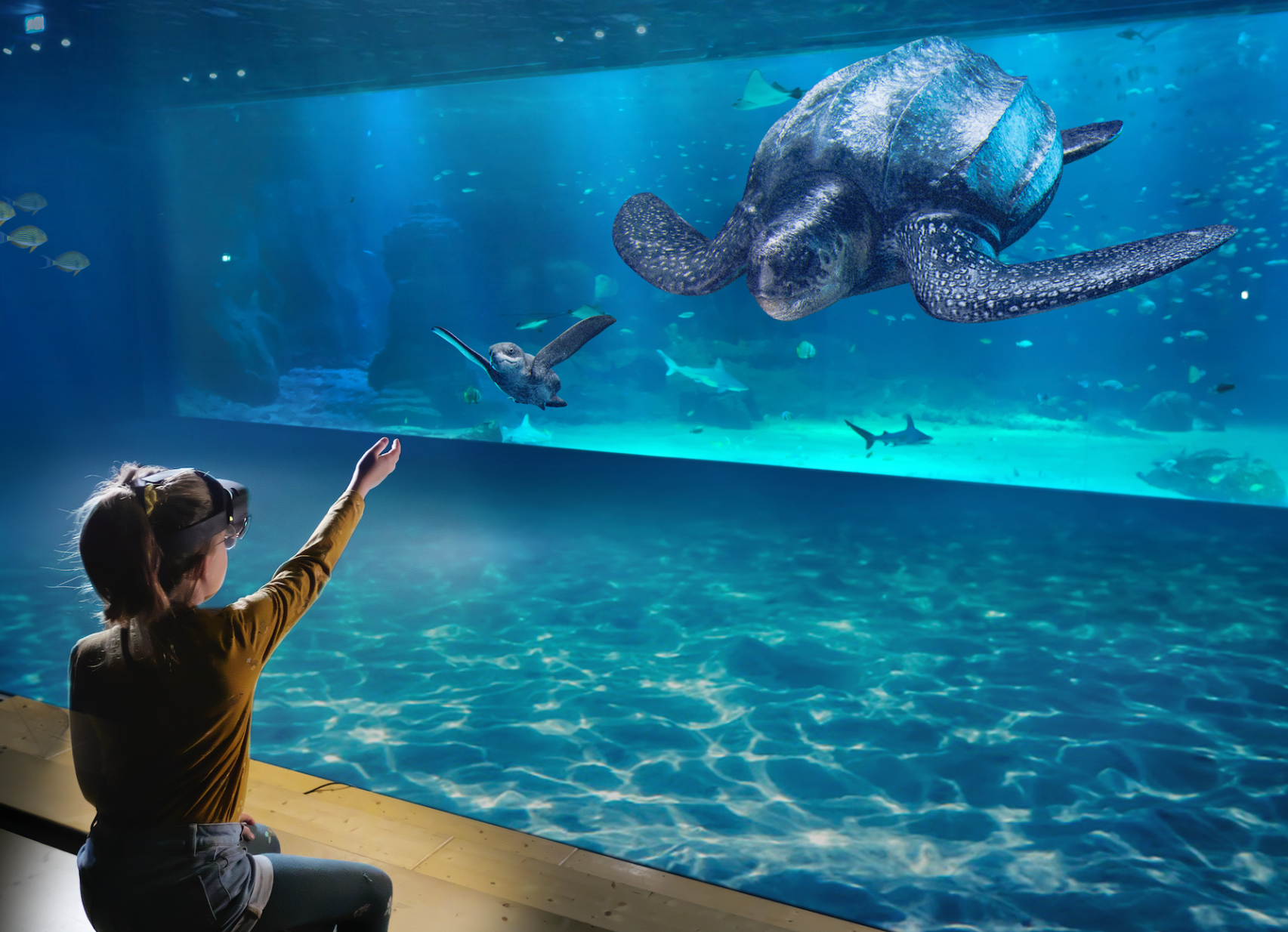 Une fille portant un casque de réalité augmentée regarde une tortue dans un aquarium.