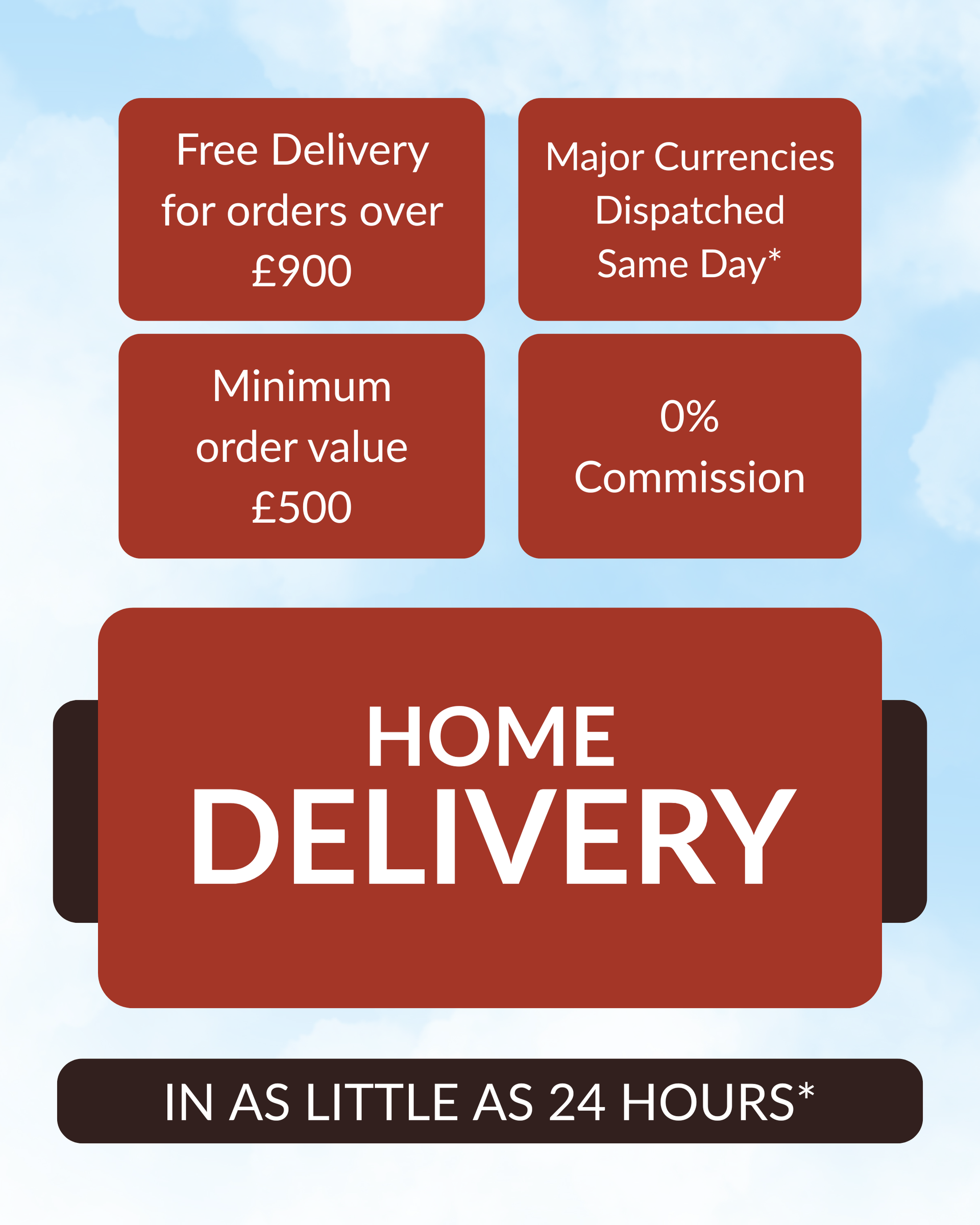 Free home delivery when you order over £900 Free home delivery for travel money for orders over £900