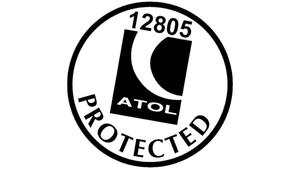 ATOL Protected logo: Black and white circular logo with