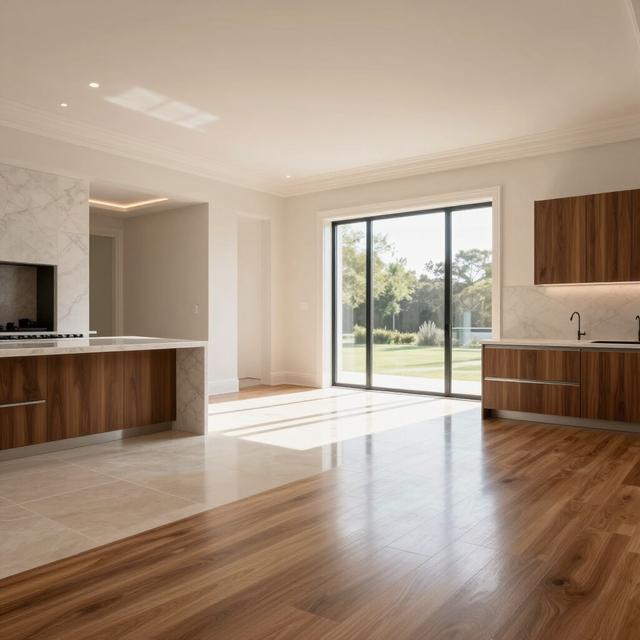 Bright modern open-plan kitchen and living room with wood flooring and large sliding glass doors to a backyard