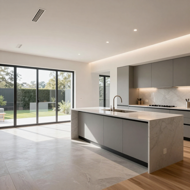 Modern open-plan kitchen with island, gray cabinets, and large sliding glass doors to a backyard.